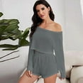thumbnail image 2 of loungewear sexy pajamas one-word off-the-shoulder women's long-sleeved shorts two-piece set solid color summer, 2 of 6