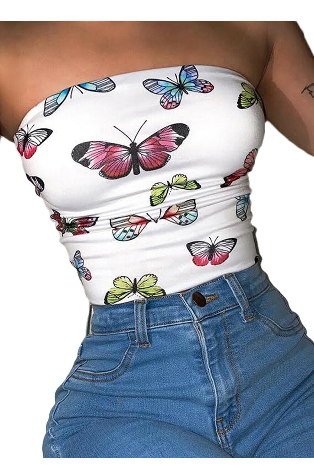 Womens Plus Size Grey Floral Butterfly Printed Boob Tube Sheering Mini Tops 