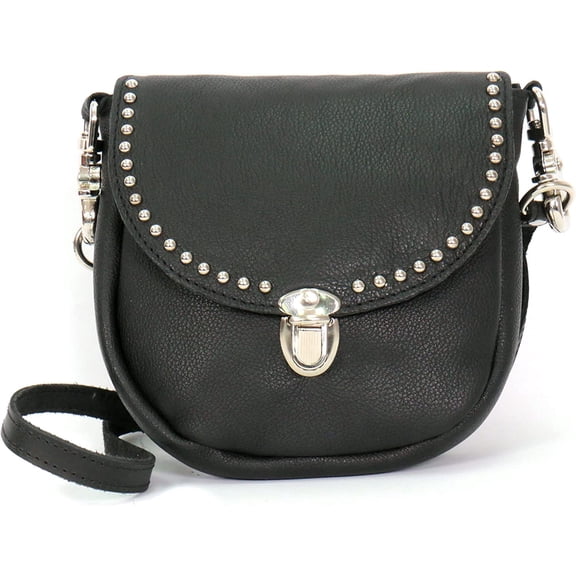 Black Ladies Clip Pouch Purse, Adjustable Crossbody Strap Lobster Claw Clips Genuine Top Grain Cowhide Pouch , 7" x 7" x 1"