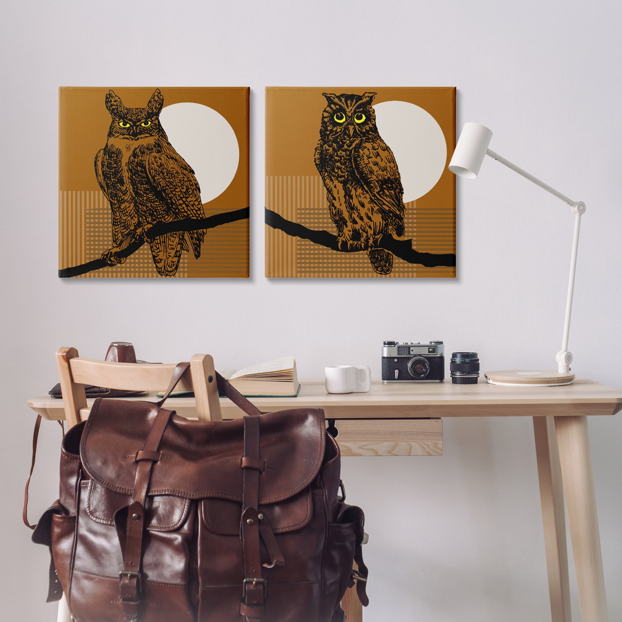 Stupell Industries Full Moon Owls on Branch Animals Painting Wrapped Canvas Art Print Wall Art, 24 x 24, Set of 2