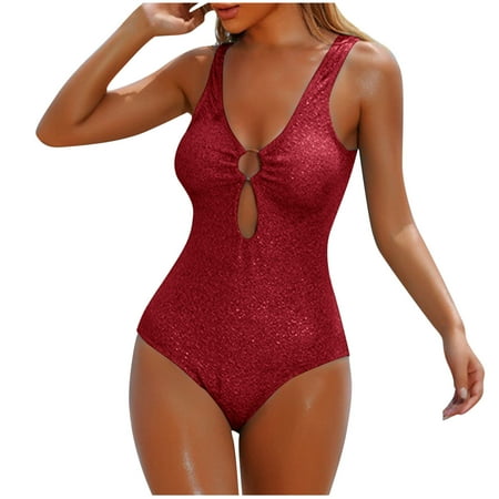 Virmaxy Women s Solid Color One-piece Tankini Swimsuit Without Steel Sexy Backless Strappy Camisole Swimsuit Waist Cinching Swimwear With Bra Padded for Pool Party Vacation Red M