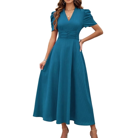 LNWUY Women V-Neck Summer Dress Fashion Puff Short Sleeve A-Line Midi for Casual Beach Party Solid Formal Maxi Dress for Wedding Guest Blue M