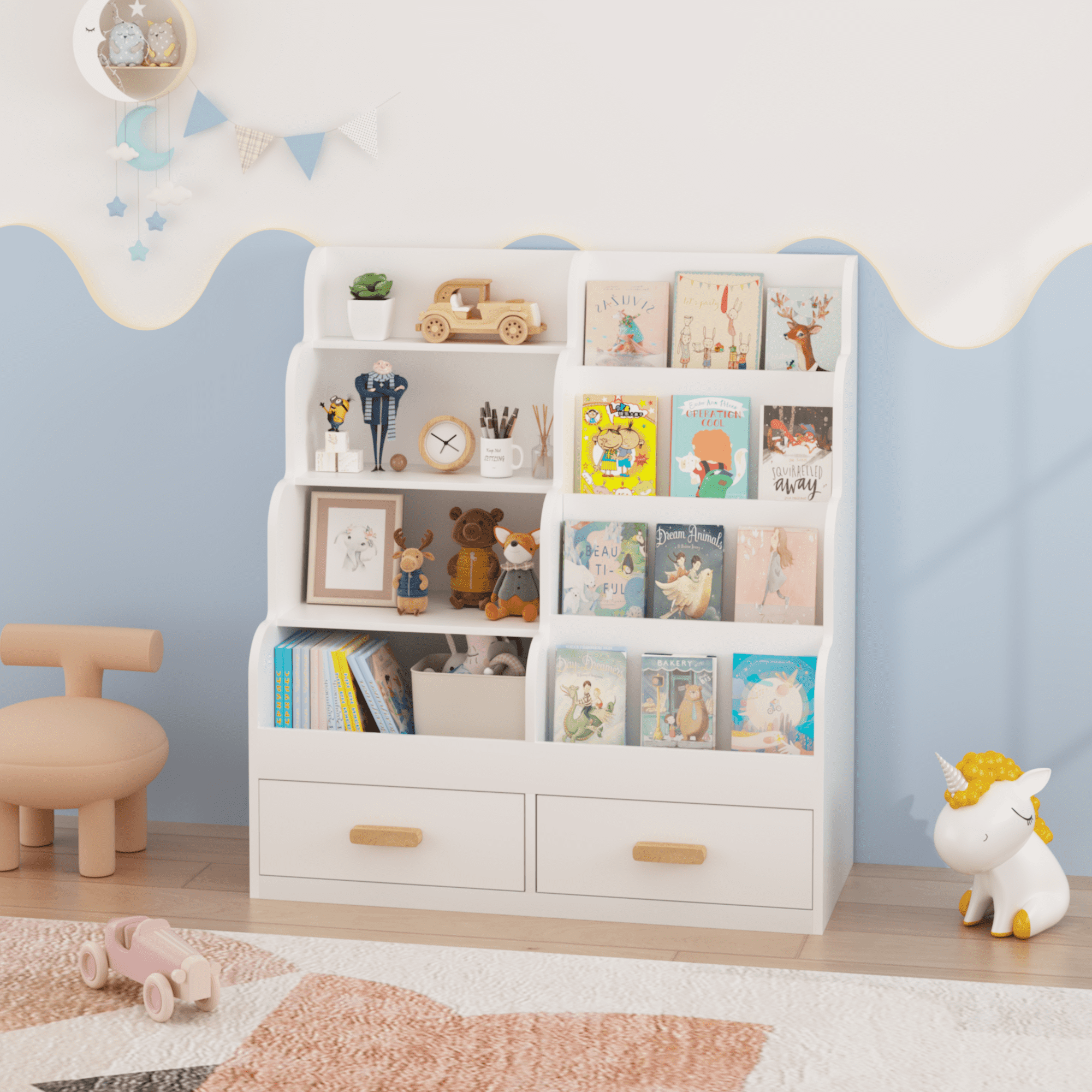 Kids Furniture Kids Bookshelf with 2 Storage Drawers, Front-Facing Children's Bookcase and Toy Organizer, Multi-Tier Reading Shelf for Toddlers, Playroom, Bedroom, or Nursery - White,Baby Nursery Fu
