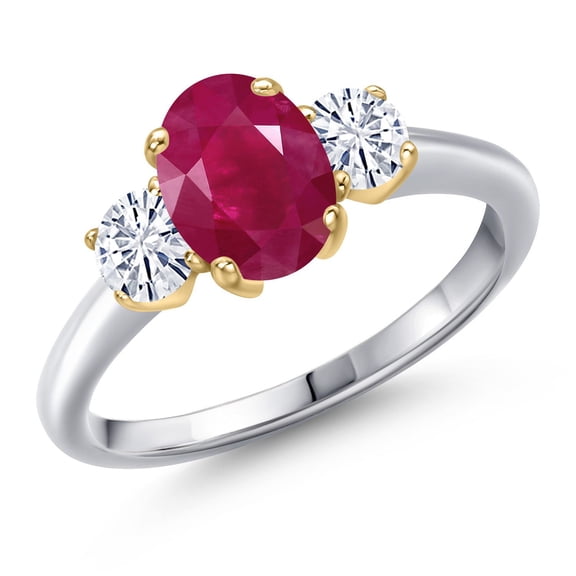 Gem Stone King 925 Silver and 10K Yellow Gold Red Ruby and White Moissanite Engagement Ring for Women | 2.06 Cttw | Oval 8X6MM | Gemstone July Birthstone | Size 6
