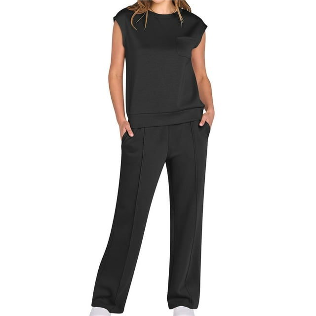 Traje Informal de Dos Piezas para Mujer, Cuello Alto, Pantalones Anchos, Ideal para Vacaciones y Viajes Negro M