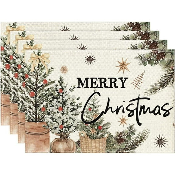 Xmas Trees Holly Pine Cone Merry Christmas Placemats Set of 4, 12x18 Inch Seasonal Winter Holiday Table Mats for Party Kitchen Dining Decoration