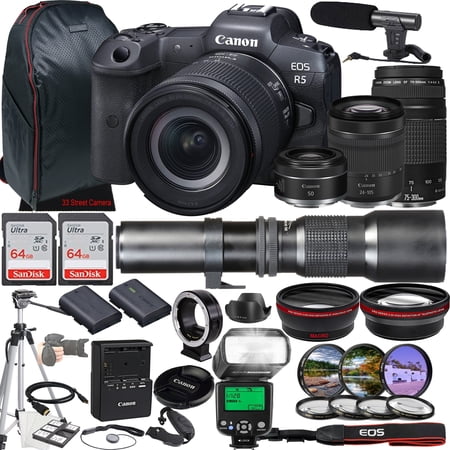 Canon EOS R5 Mirrorless Camera w/RF 24-105mm f/4-7.1 IS STM + EF 75-300mm f/4-5.6 III + RF 50mm f/1.8 STM + 500mm f/8 Focus Lenses + 2X 64GB Memory + Case + Microphone + TTL Flash + More (35pc Bundle)