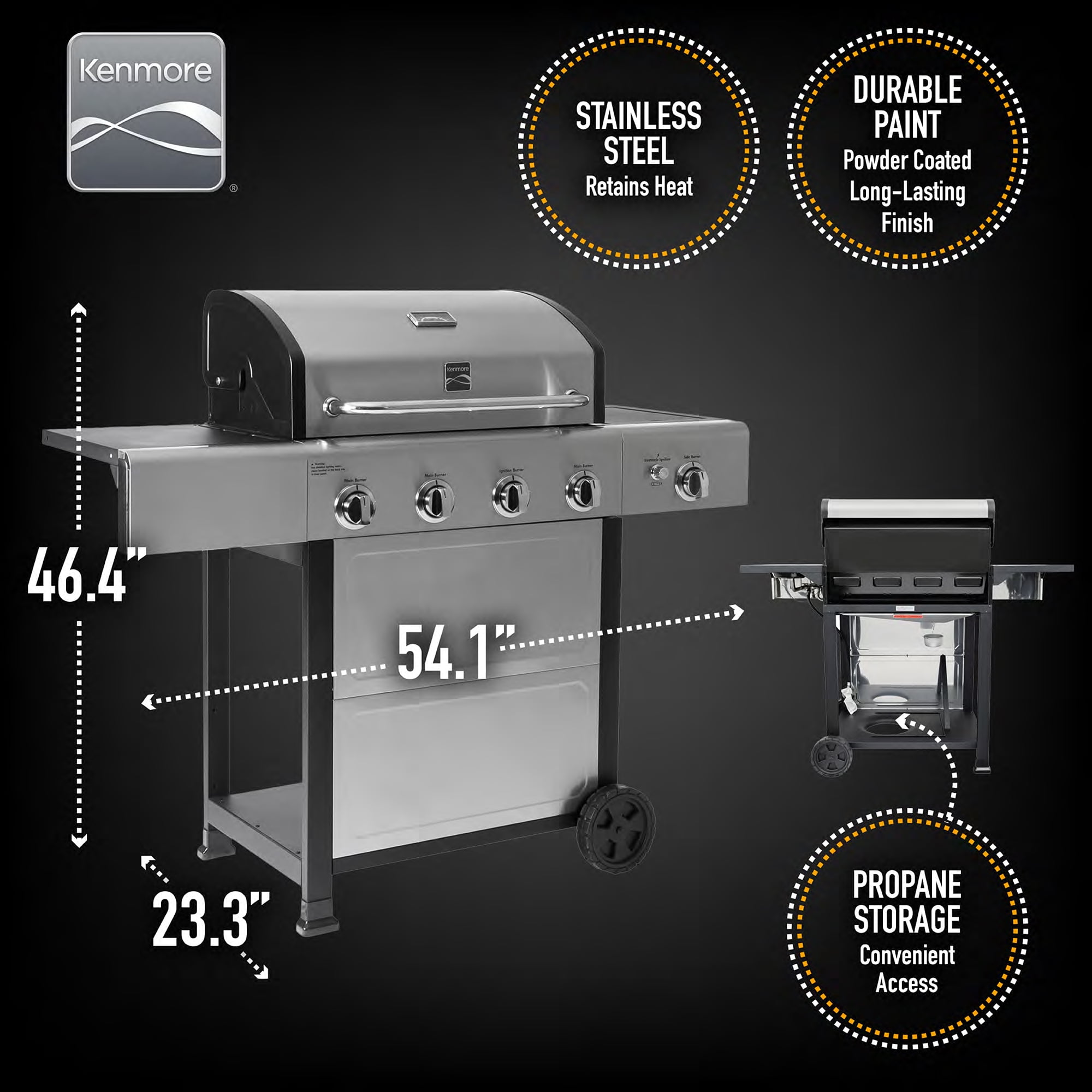 Kenmore 4-Burner Outdoor Propane Gas Grill with Side Burner, Open Cart, Stainless Steel
