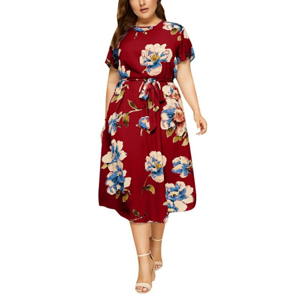 Dresses For Women 2023 Plus O-Neck Short Sleeve Print Strap Work Mid Womens Dress - Walmart.com