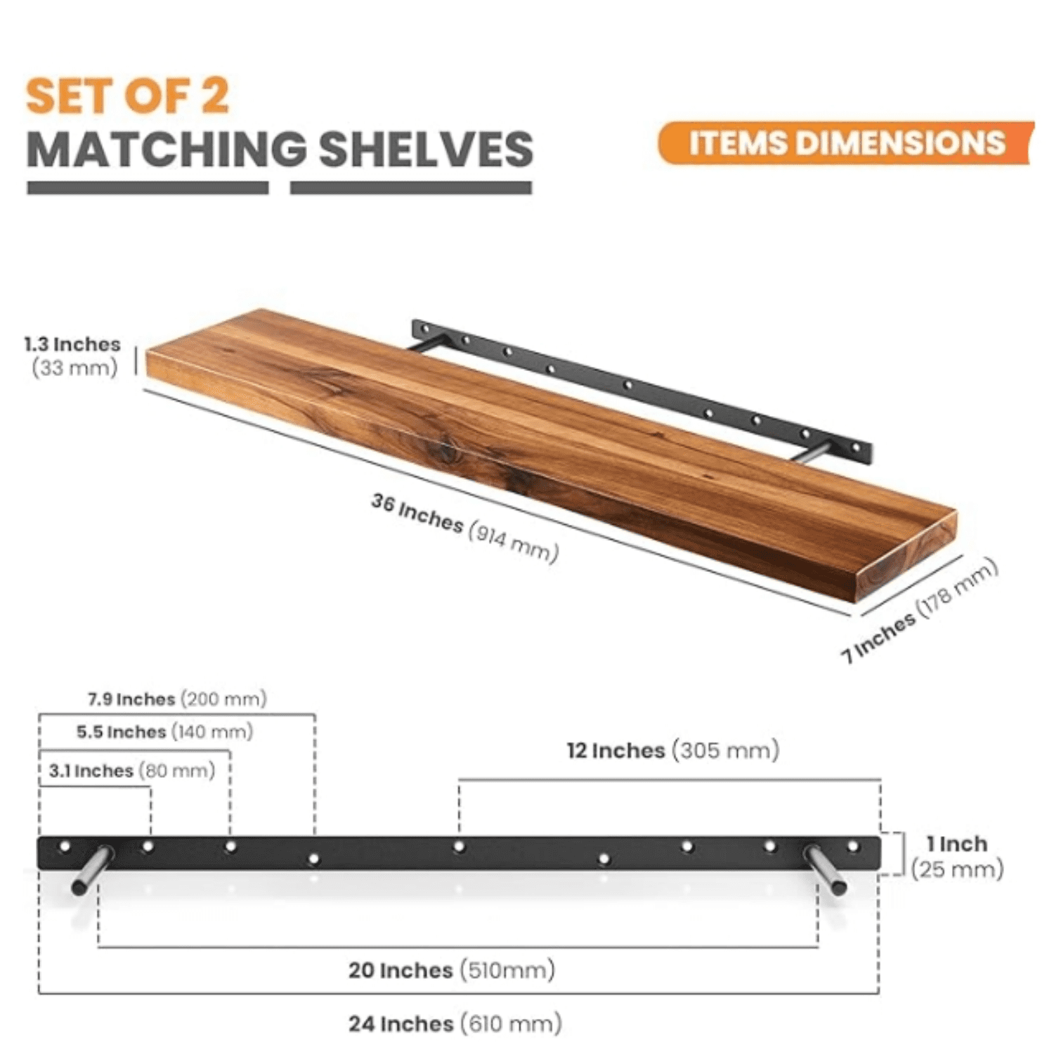 Set of 2 36"   Floating Shelves Wall  unte – Rustic Farmhouse  den Wall Storage Shelf for Bedroom, Kitchen, Home  - Brackets an Shelving Hardware Include (Acacia, 36inch)