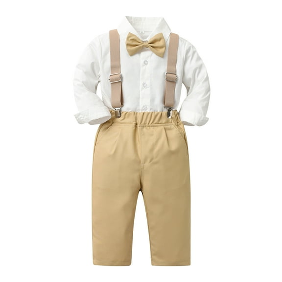 FAOWME Toddler Boys Long Sleeve Shirt Tops Pants With Tie Child Kids Gentleman Outfits Party Dress Beige 4-5 Years