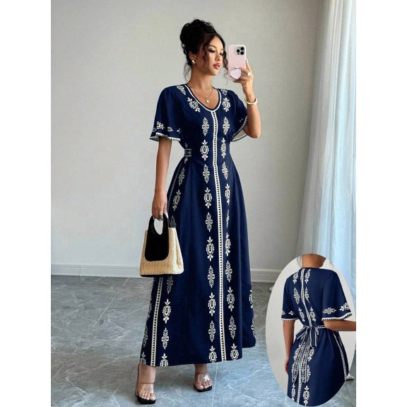 Navy Blue V-Neck Embroidered A-Line Maxi Dress With Short Sleeves And Self-Tie Waist