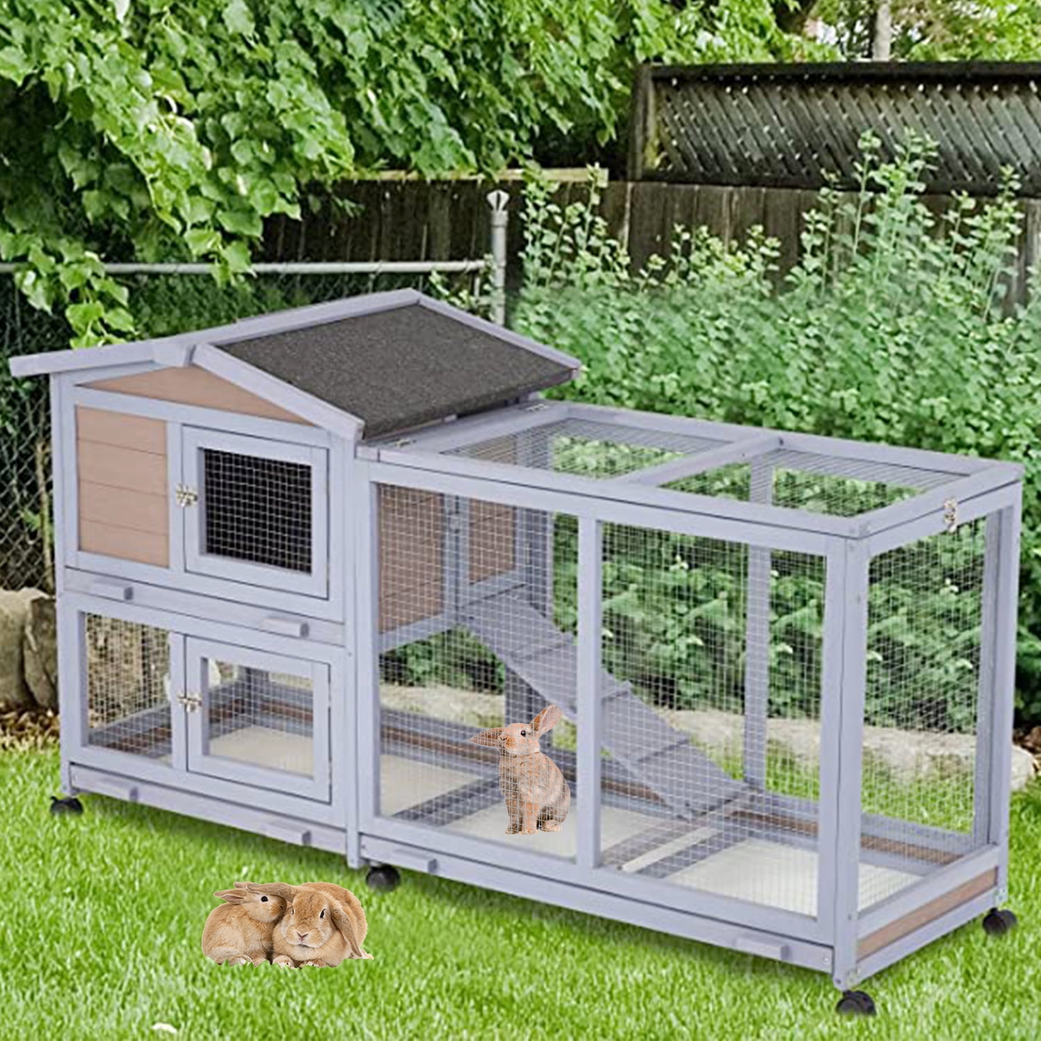 NiamVelo Wood Rabbit Hutch Indoor&Outdoor Bunny Cage with Wheels &Waterproof Roof for Small Animals, Grey