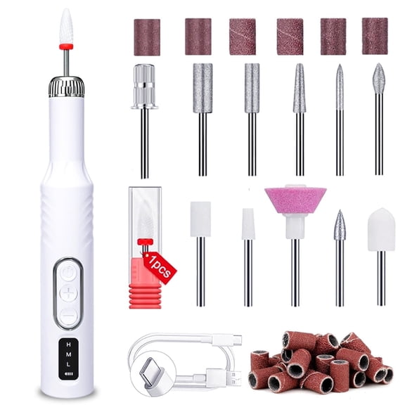 Nail Drill Machine, Cordless Nail Drill with 12 Bits & Sanding Bands, Portable Doxiry for Travel, White
