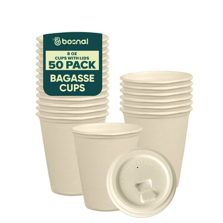 BOSNAL 8 Oz Bagasse Cups with Lids (50 Pack) – Compostable, Biodegradable & Eco-Friendly Disposable Cups for Hot and Cold Drinks, Parties & Catering