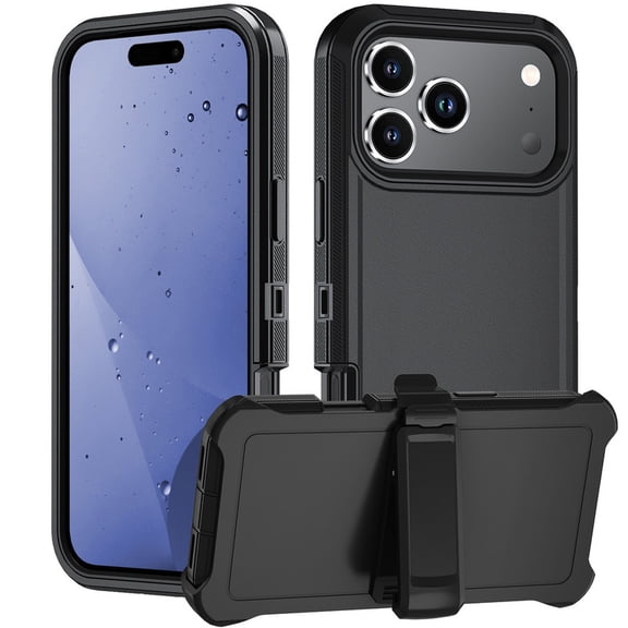 Hotpom Phone Case for iPhone 18 Pro Max/ 17 Pro Max, Silicone Heavy Duty 3-Layer Hybrid Drop Protection Protective Cover with Belt Clip, Black
