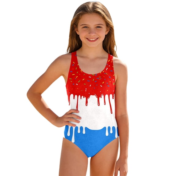 Lullu Girls One-Piece Swimsuit UPF50 Ice-Cream Print Bathing Suit Swimwear, Sizes 7-16