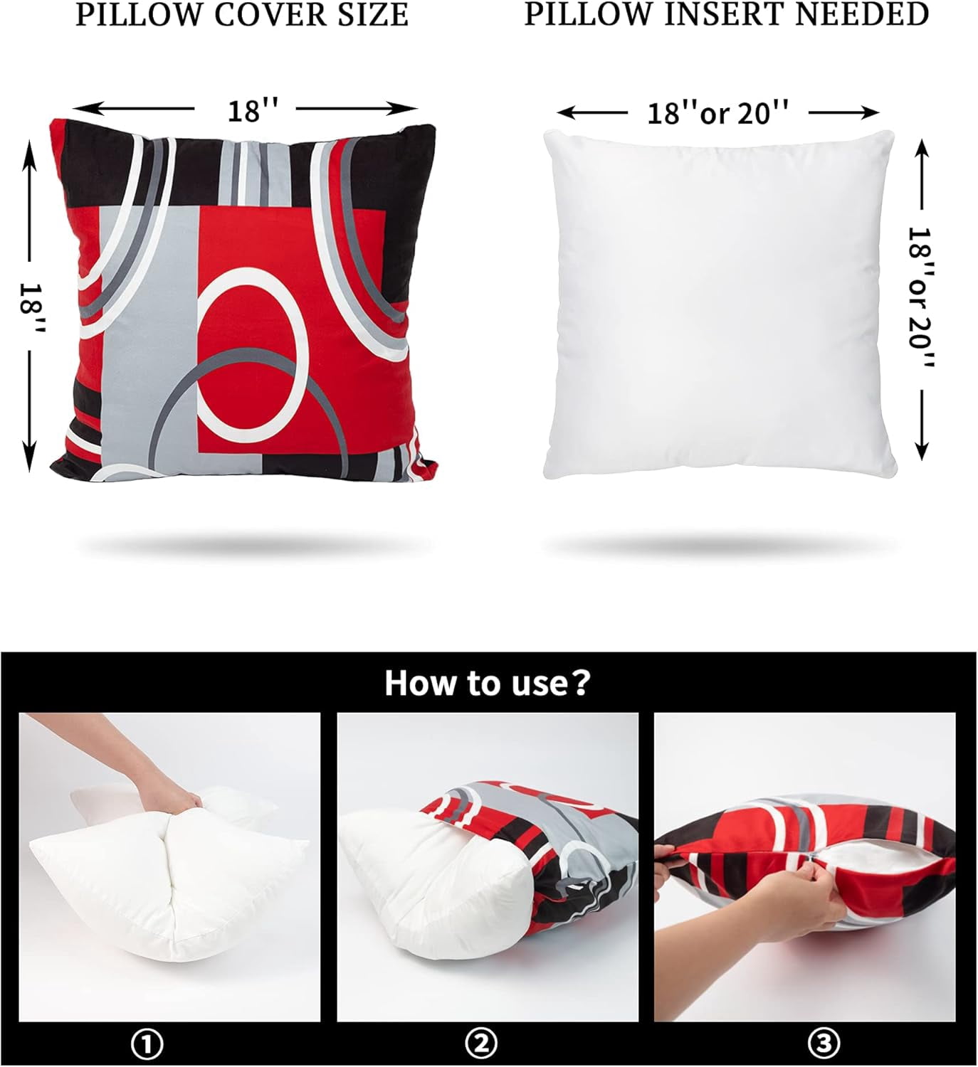 Red and Black Throw Pillow Covers Set of 4 18x18 Inch Abstract Modern Geometric Square Cushion Cases for Sofa Bed Couch Add Bold and Dramatic Accents to Your Living Room