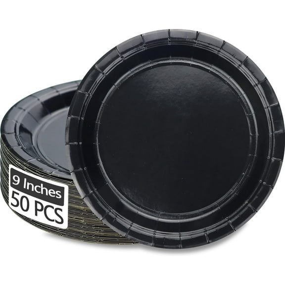 PTECDROTS 50 Pcs Black Paper Plates, Round Black Dessert Plates Birthday Party Supplies for Party Decorations Anniversary Graduation Retirement Daily Use，9 Inch