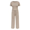 thumbnail image 4 of Women's Summer Knit Trousers Suit Casual Round Neck Short Sleeve Long Pants Set Comfortable Pure Color Outfit For Daily Wear Dressy Outfits for Women Tracksuit for Women Jacket And Pants Set for Women, 4 of 5