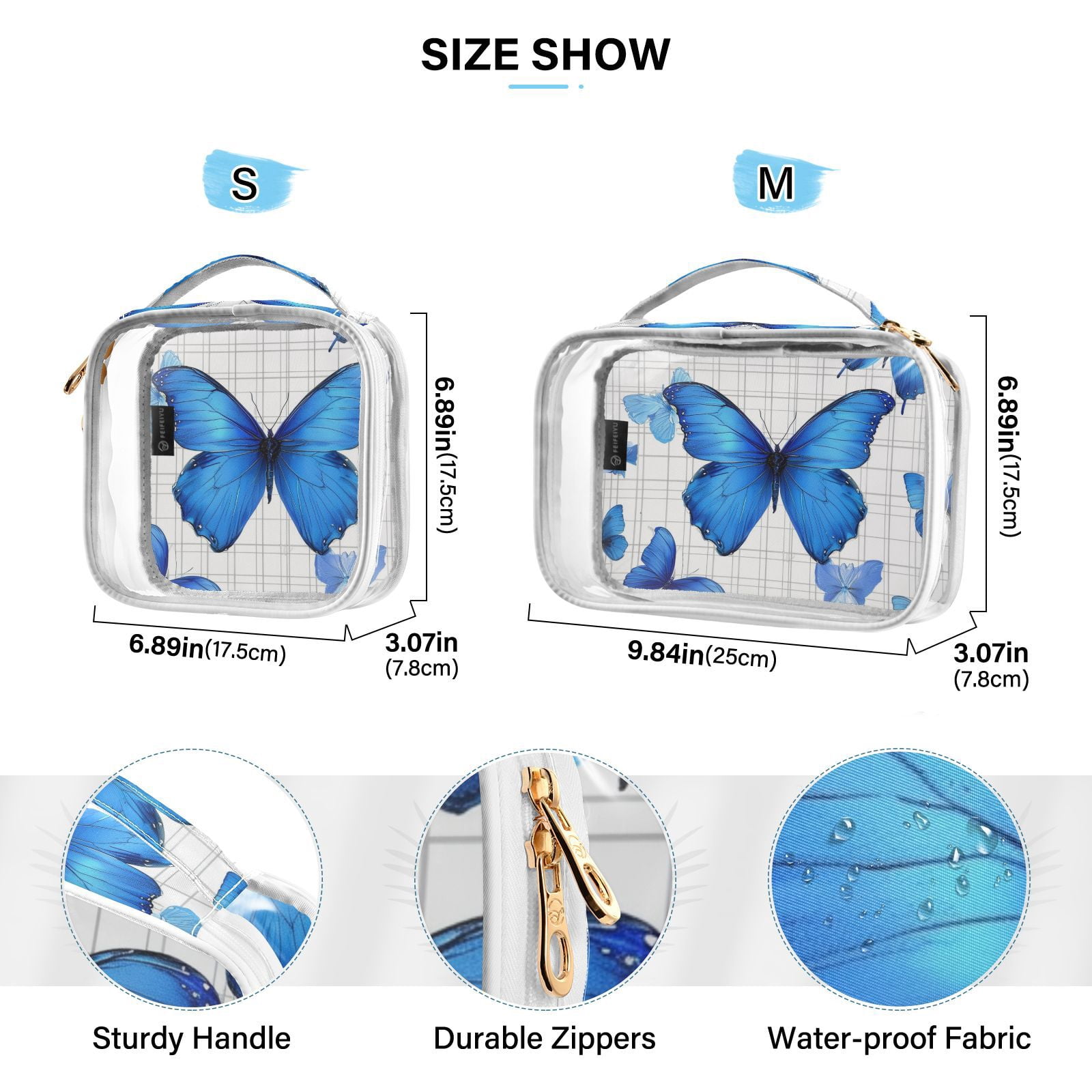 Clear Makeup Bags with Handle Large Opening 2 Pack Set Toiletry Bag Quart Size Bag, for Women Man Traveling Travel Essentials, Toiletries and Other. Blue Butterfly