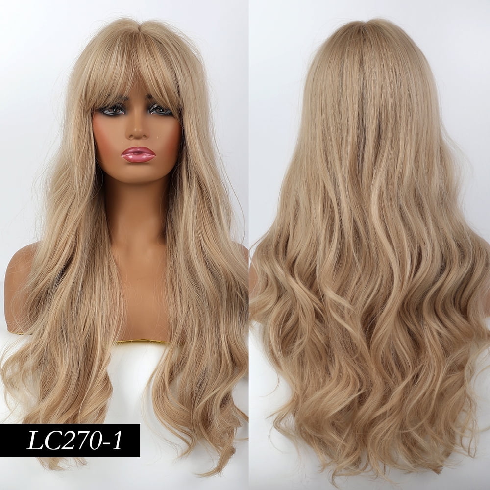 NOGIS Women Long Synthetic Wig Light Blonde Wigs with Bangs Natural Wave Long Curly Heat Resistant  Synthetic Wig