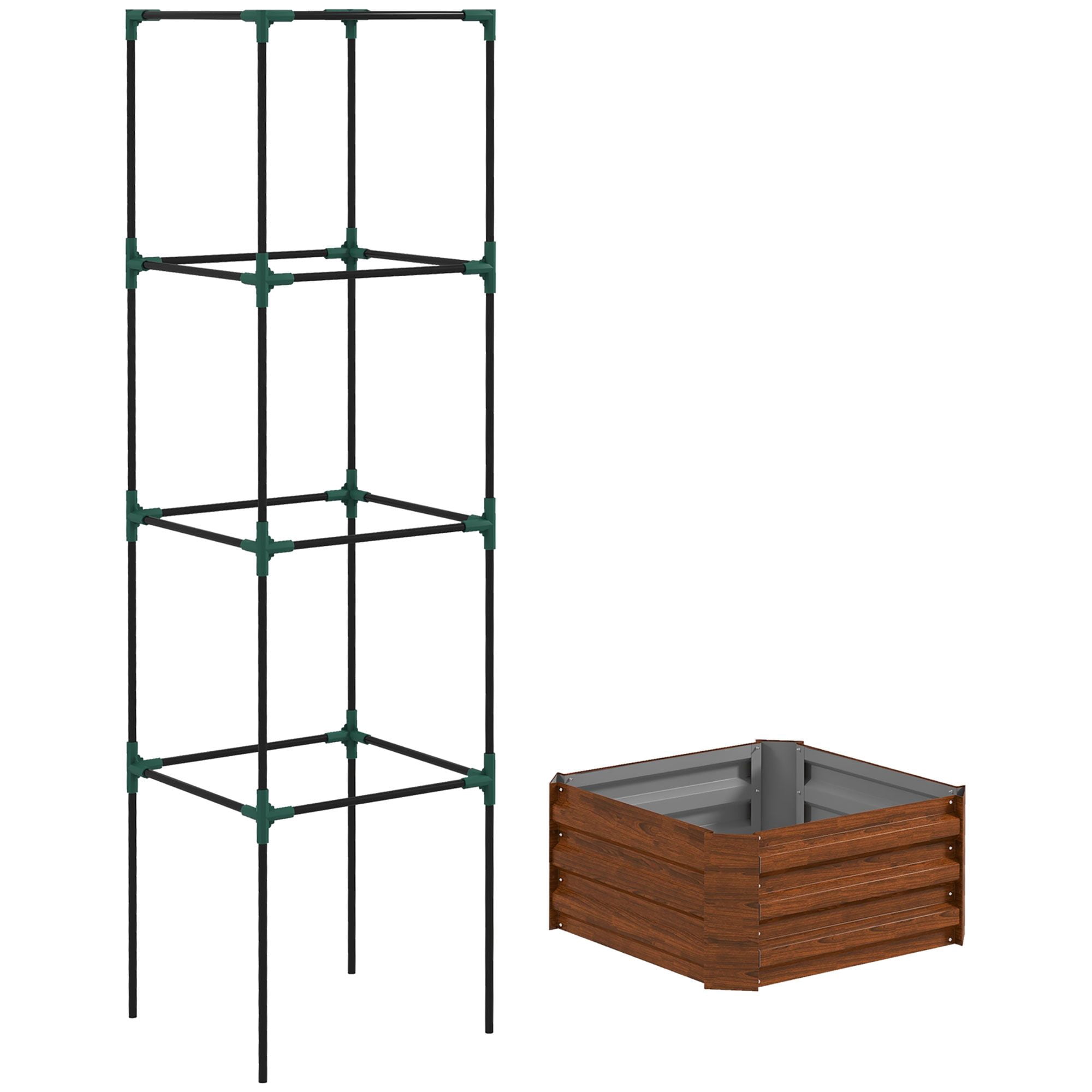 Outsunny Galvanized Steel Raised Garden Bed with Adjustable Tomato Trellis Cage, 24" x 24" x 73.5" Brown Metal Planter for Vegetables and Climbing Vines in Backyard or Patio