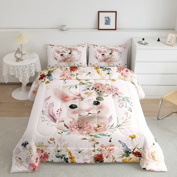 Kids Rabbit Bedding Set Twin Size,Pink Floral Comforter Set Girls Women Cute Bunny Quilt Duvet,Colorful Flowers Down Comforter Lovely Farm Animal Girly Bedroom Decor 2Pcs,Microfiber Cozy