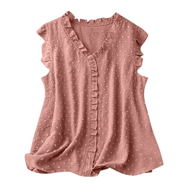 Timegard Tank Tops for Women Summer Ruffle V-Neck Flowy Sleeveless Beach Vacation Casual Loose Tops