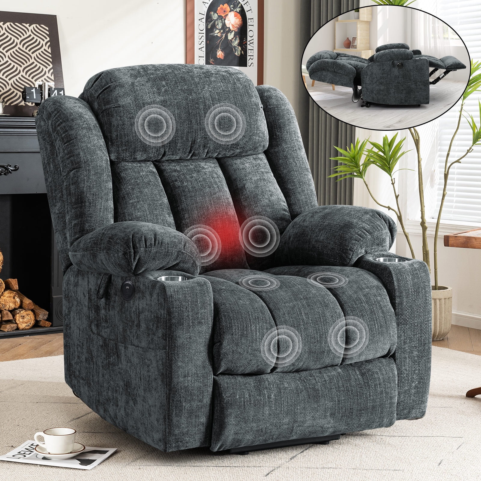 JULY'S SONG Power Recliner Chair with Heat and Massage, Dual Motor Lift Chairs for Elderly with Cup Holders, Oversized Recliners for Adults with USB & Type-C Ports, Grey Blue