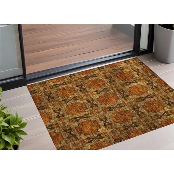 HomeRoots 563457 2 x 3 ft. Orange & Rust Floral Medallion Washable Non Skid Indoor Outdoor Rectangle Machine Woven Area Rug