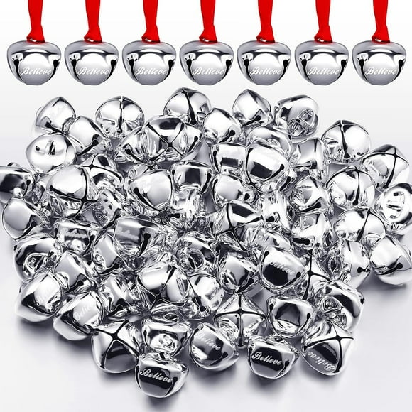 72 Pieces Christmas Believe Bell Ornaments 1.5 Inch Polar Express Bell Silver Gold Sleigh Bell Christmas Tree Bell Decoration Holiday Treat (silver)