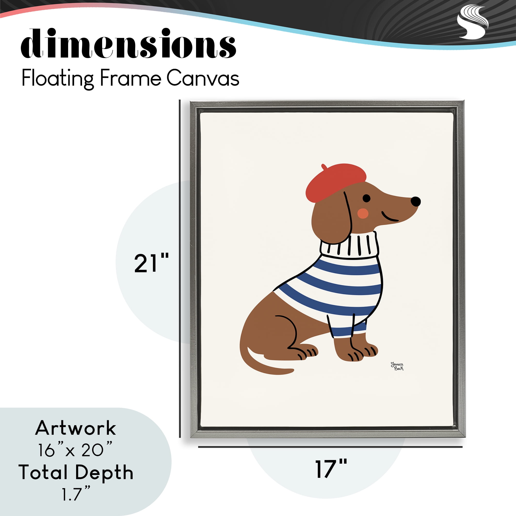 French Dachshund in Beret Gray Framed Floater Canvas Wall Art, design by Jessica Beck