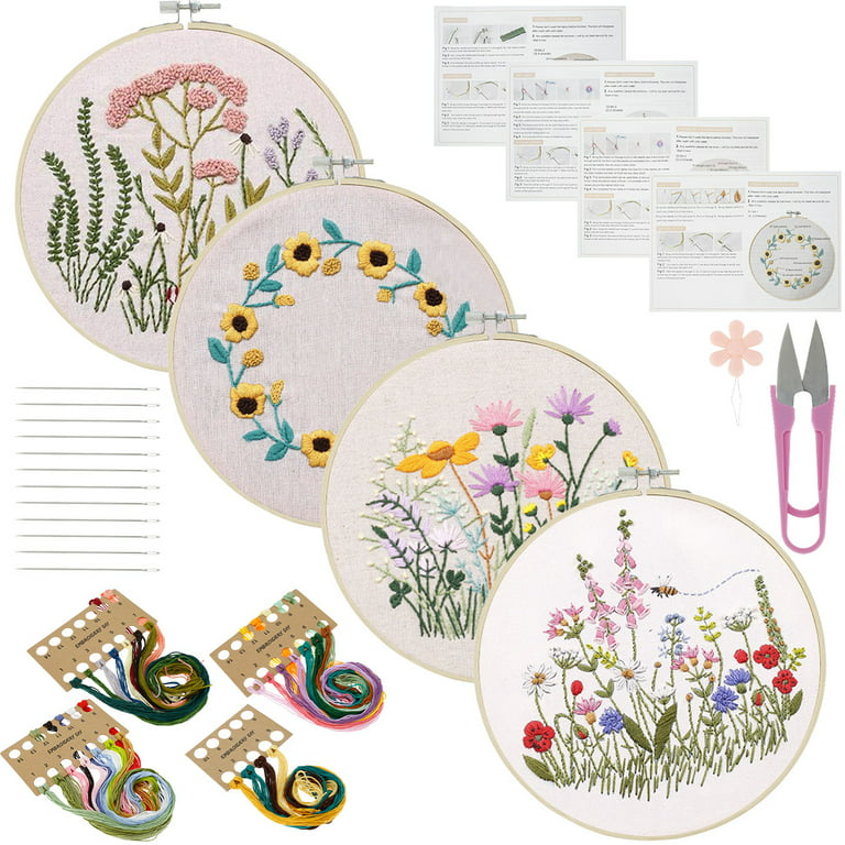 Embroidery Kit for Beginners, 4 Sets Cross Stitch Practice Kits for Craft  Lover Hand Stitch with Embroidery Fabric with Stamped Pattern, Full Range