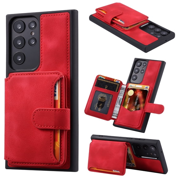 Decase Wallet Back Cover for Samsung Galaxy S22 Ultra 5G Leather Case with Card Holder Pocket Slim Phone Cases 6.8", Red
