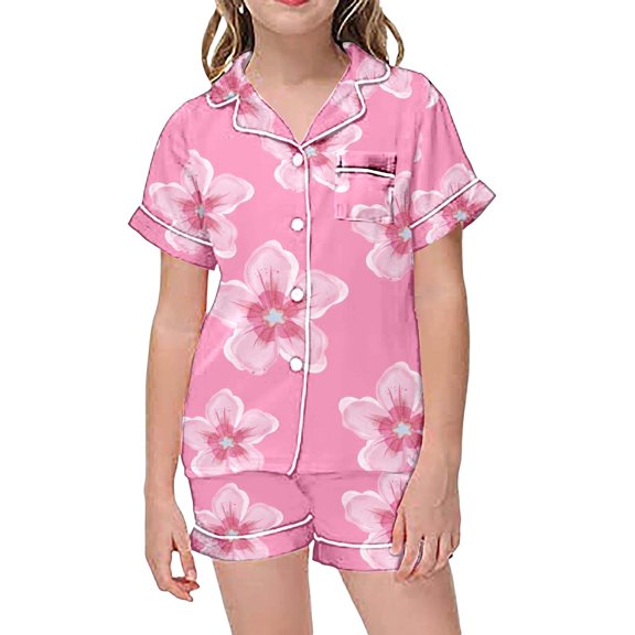 Hienoo Toddler Girls Pajamas Flower Print Short Sleeve Button-Down Top Shorts Sleepwear Set