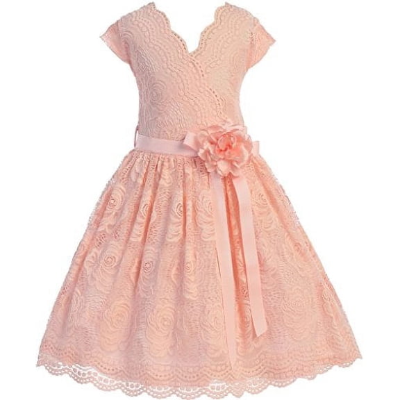 Flower Girl Dress Curly V-Neck Rose Embroidery AllOver for Little Girl Blush 4 JKS.2066