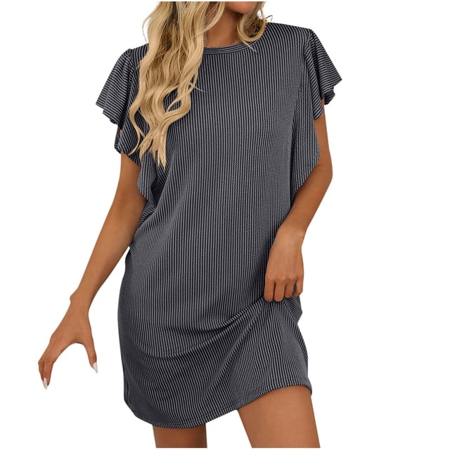 Amzcrzy Robe Décontractée Mini pour Femmes Couleur Unie Été Robe de Plage Ligne A Manches à Volants Col Rond Robe Fluide Mini avec Poches