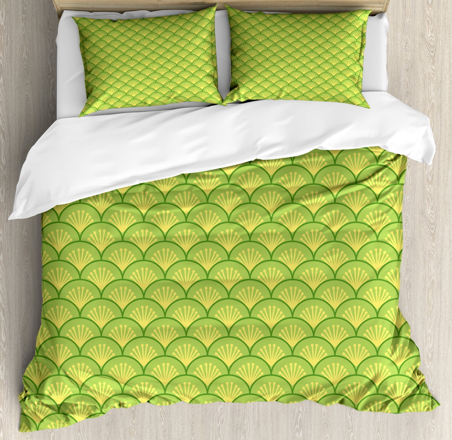 Green Duvet Cover Set Traditional Japanese Floral Wave Pattern