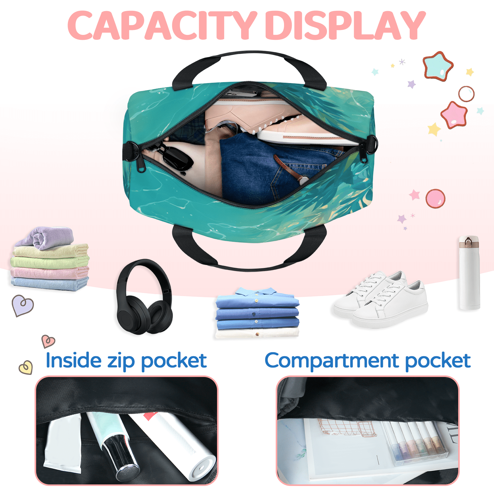 Herdesigns Ocean Gym Bag for Women, Duffle Bag for Travel Sport, Tropical Island Coastal Lightweight Waterproof Carry on Weekender Dance Yoga Workout Bags