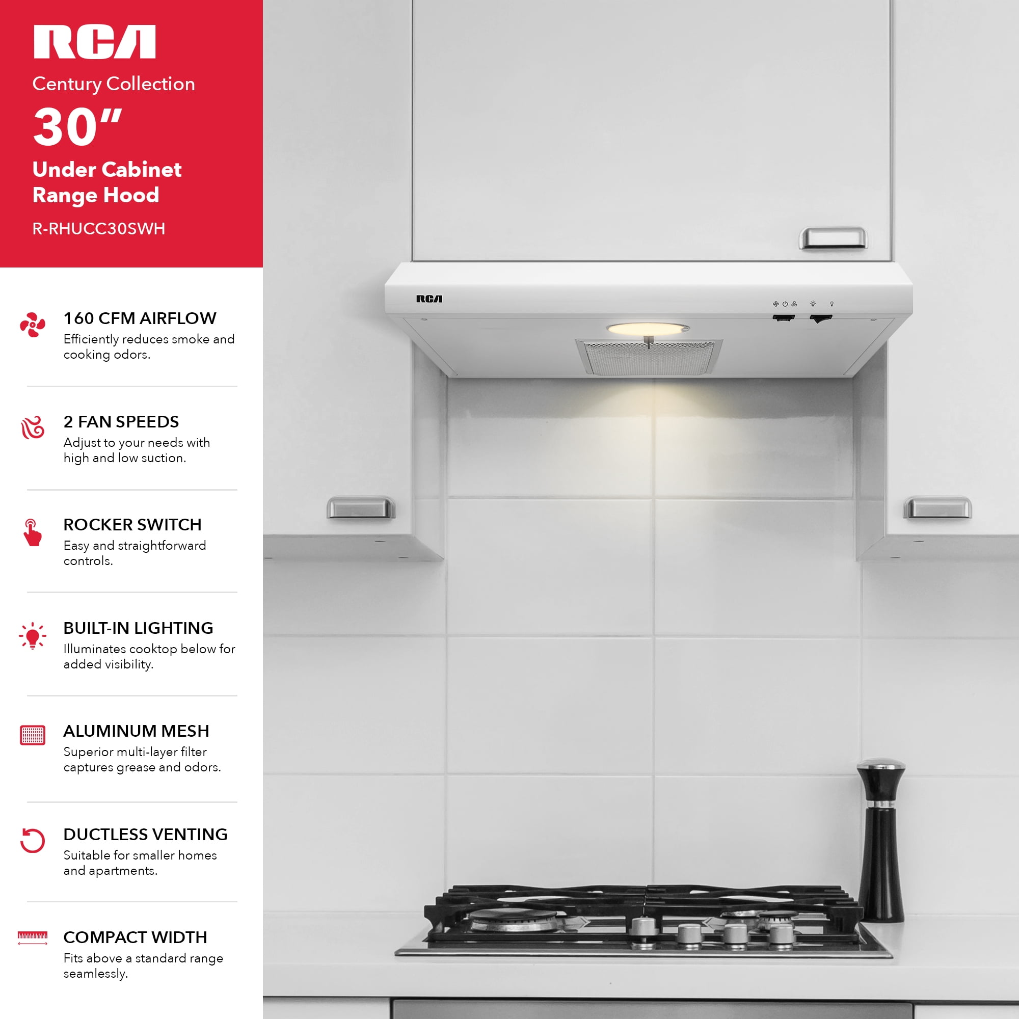 RCA 30 in. Century Collection Ductless 160 CFM Under Cabinet Range Hood, Reusable Filter, Light, White