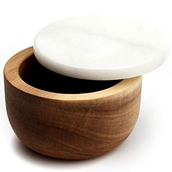 jalz jalz Grande Boîte à Sel en Bois avec Cuillère Assaisonnements d'Épices Gardien Solide Acacia Naturel Base Blanc Couvercle en Marbre Élégant Design Boîtes Décoratives Grande Capacité