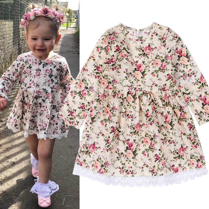 Toddler Infant Kids Baby Girls Dress Floral Print Lace Princess Dresses Outfits 