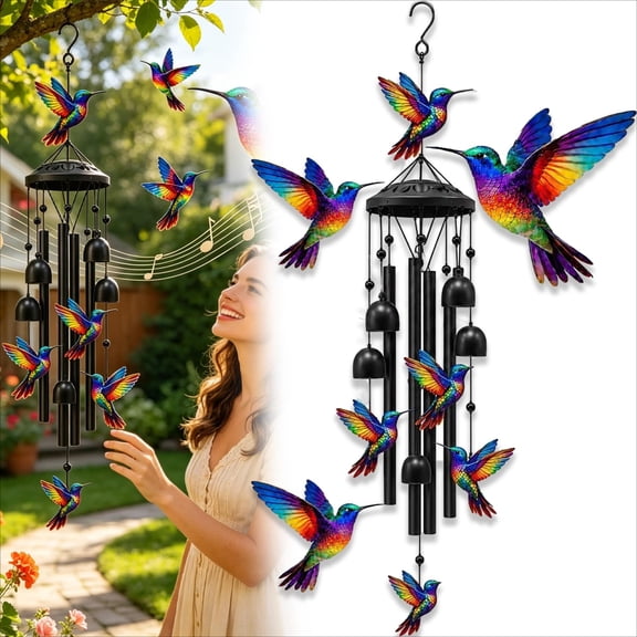 Borikise Vintage Colorful Hummingbird Wind Chime with Metal Tubes and Bells, Handcrafted Musical Decor for Patio, Garden and Outdoor Yard