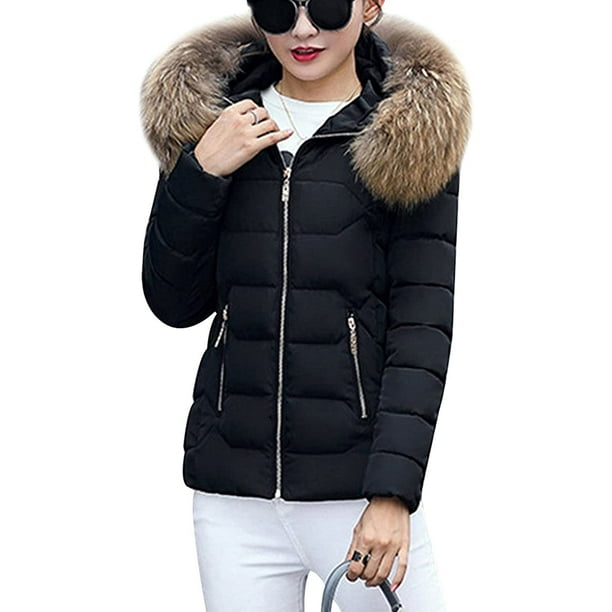 Women Winter Down Cotton Coat Quilted Parka Jacket with Faux Fur