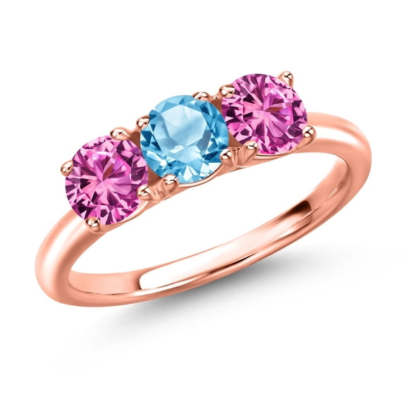 Gem Stone King 18K Rose Gold Plated Silver Swiss Blue Topaz and Pink Created Sapphire Engagement Ring for Women | 1.75 Cttw | Round 5MM | Gemstone November Birthstone | Size 9