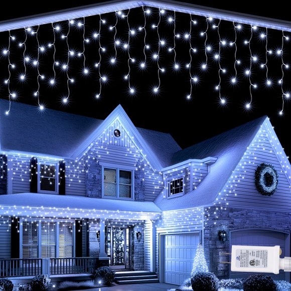 Luces navideñas Lomotech con forma de carámbano, 10 m, 8 modos, impermeables, color blanco