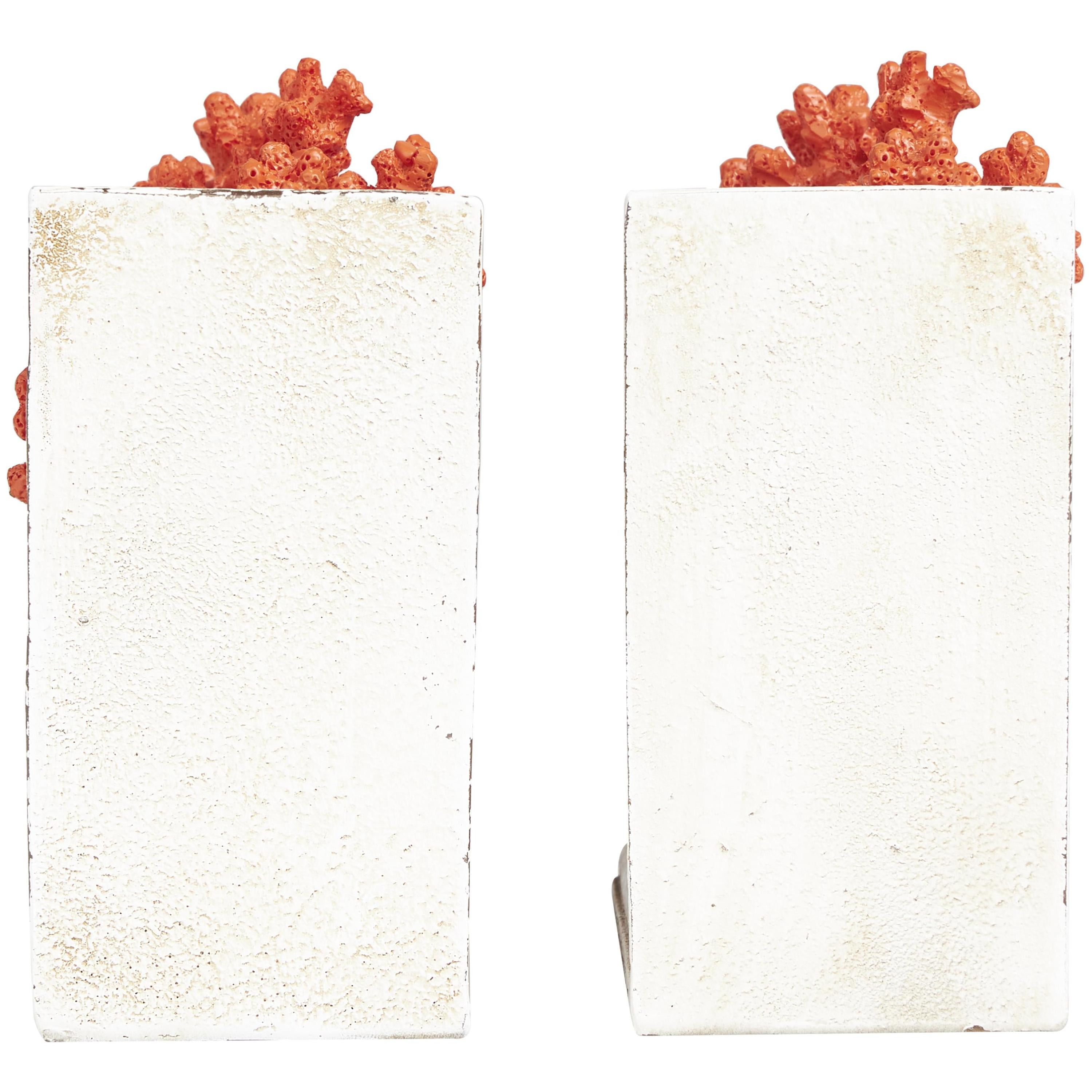 DecMode 6" Textured Coral Orange Polystone Bookends with Cream Base (Set of 2)