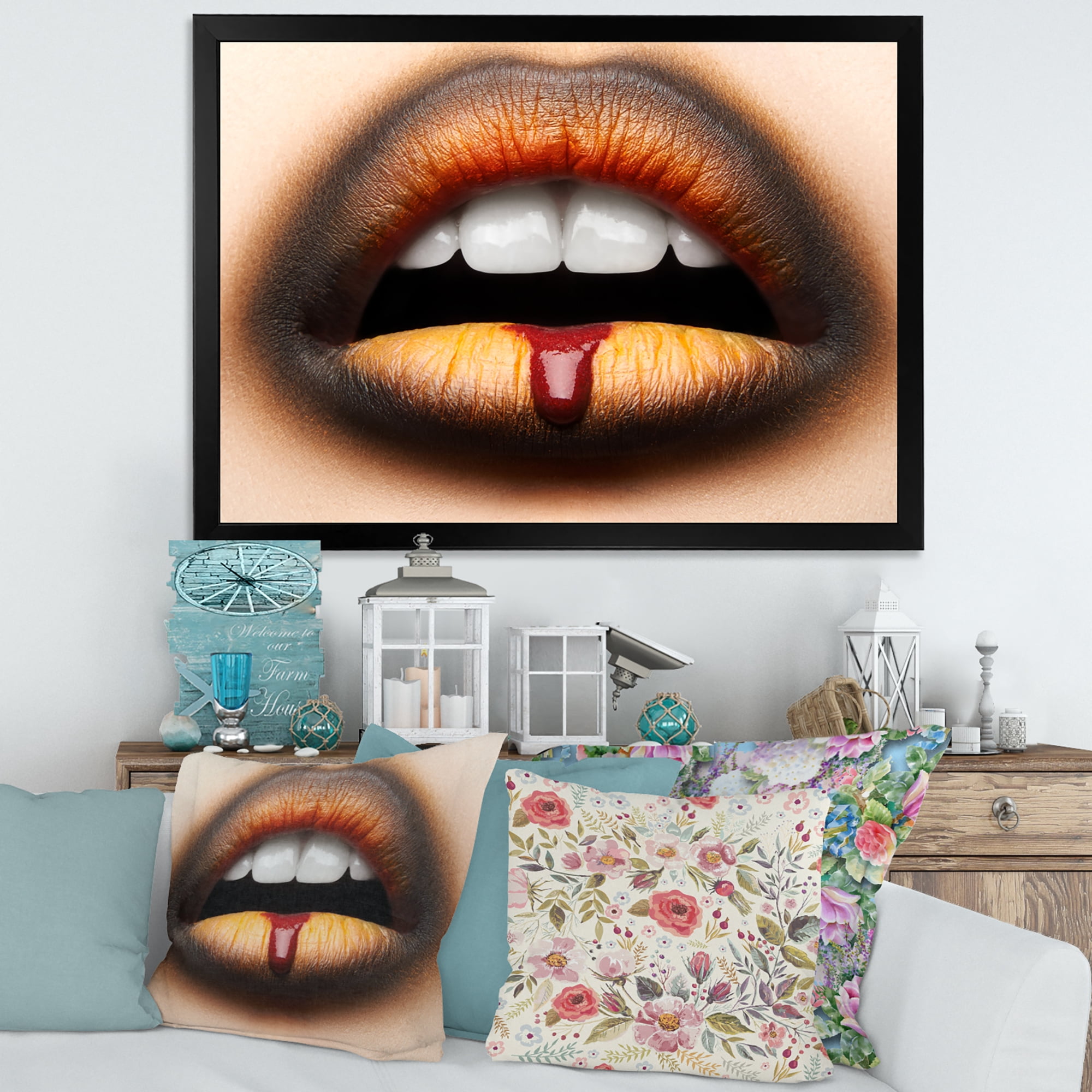 Designart 'Woman Lips With Black & Orange Lipstick' Modern Framed Art Print
