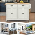 thumbnail image 6 of Kitchen Island Cart, 54.3''W Dining Cart with Solid Wood Top & Locking Wheels, Rolling Mobile Kitchen Island Table with Two Drawers, 4 Door Cabinet with Spice Rack & Towel Rack, White, 6 of 7